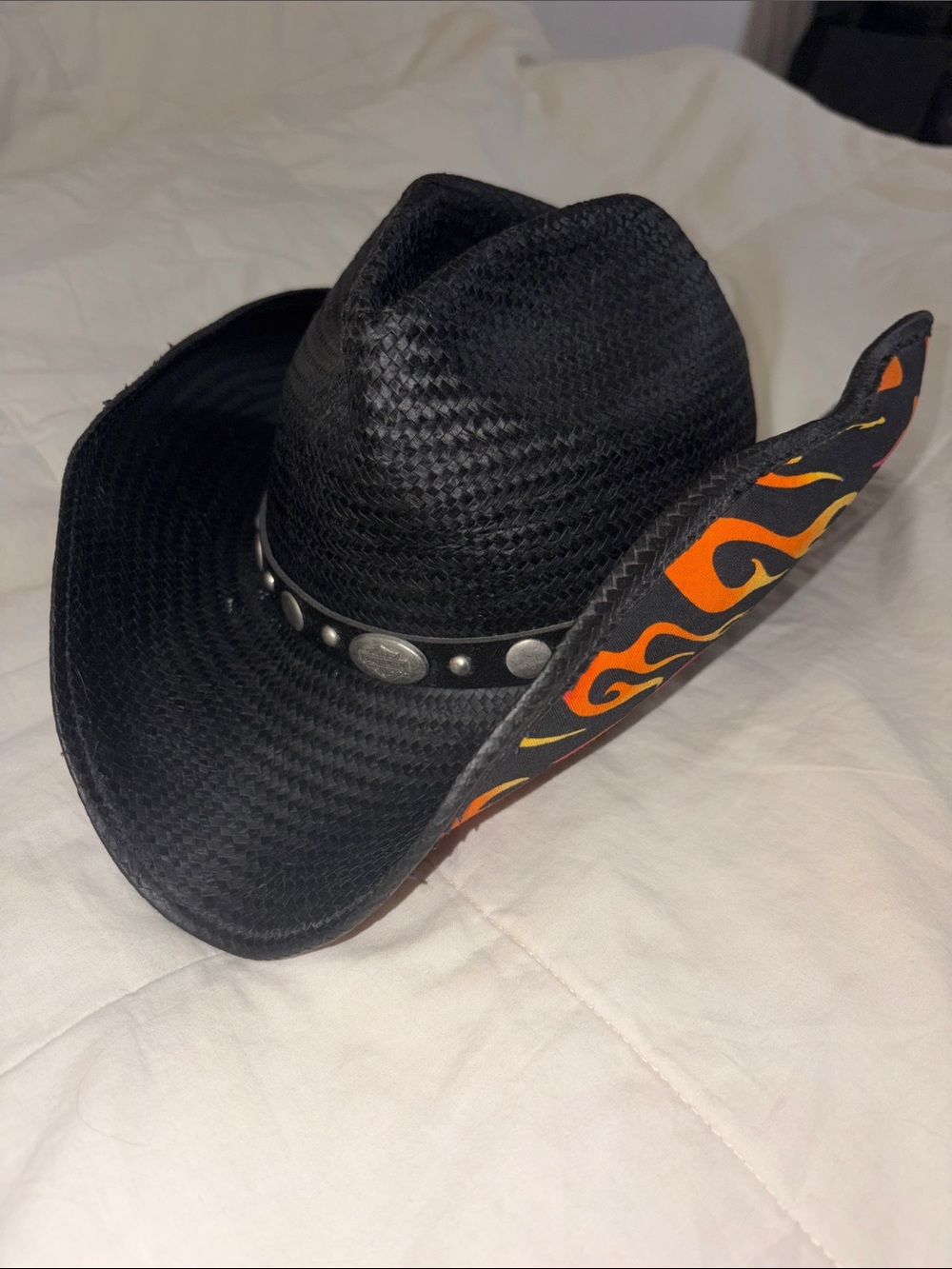 Vintage Harley Davidson Black Straw Cowboy Hat with Flame Under Brim Medium